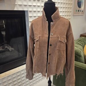 POL Anthropologie Frayed Hem Corduroy Trucker Jacket, Camel Tan Brown, Size M